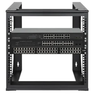 Rack 19 pouces 9U mural – Porte vitrée fermée – Sécurité équipements réseau – Maroc Rack 9U porte vitrée ouverte – Switch baie brassage routeur installés – Centralisation réseau Serrure et grilles ventilation rack 19 pouces 9U – Sécurité et dissipation thermique – Maroc Installation murale rack 9U – Fixation chevilles – Baie réseau entreprise – Maroc